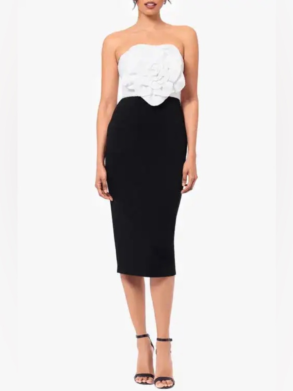 New Betsy & Adam Sequin Rosette Bodice Sheath Dress Black White Strapless Sz 2
